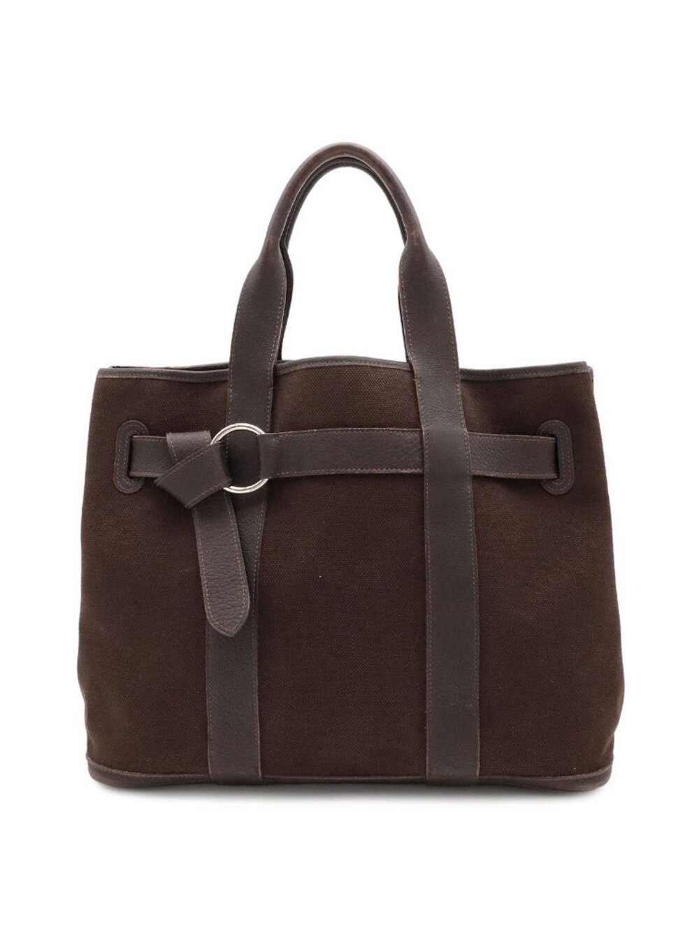Hermes Petite Ceinture MM Tote Bag Canvas Leather Dark Brown Silver